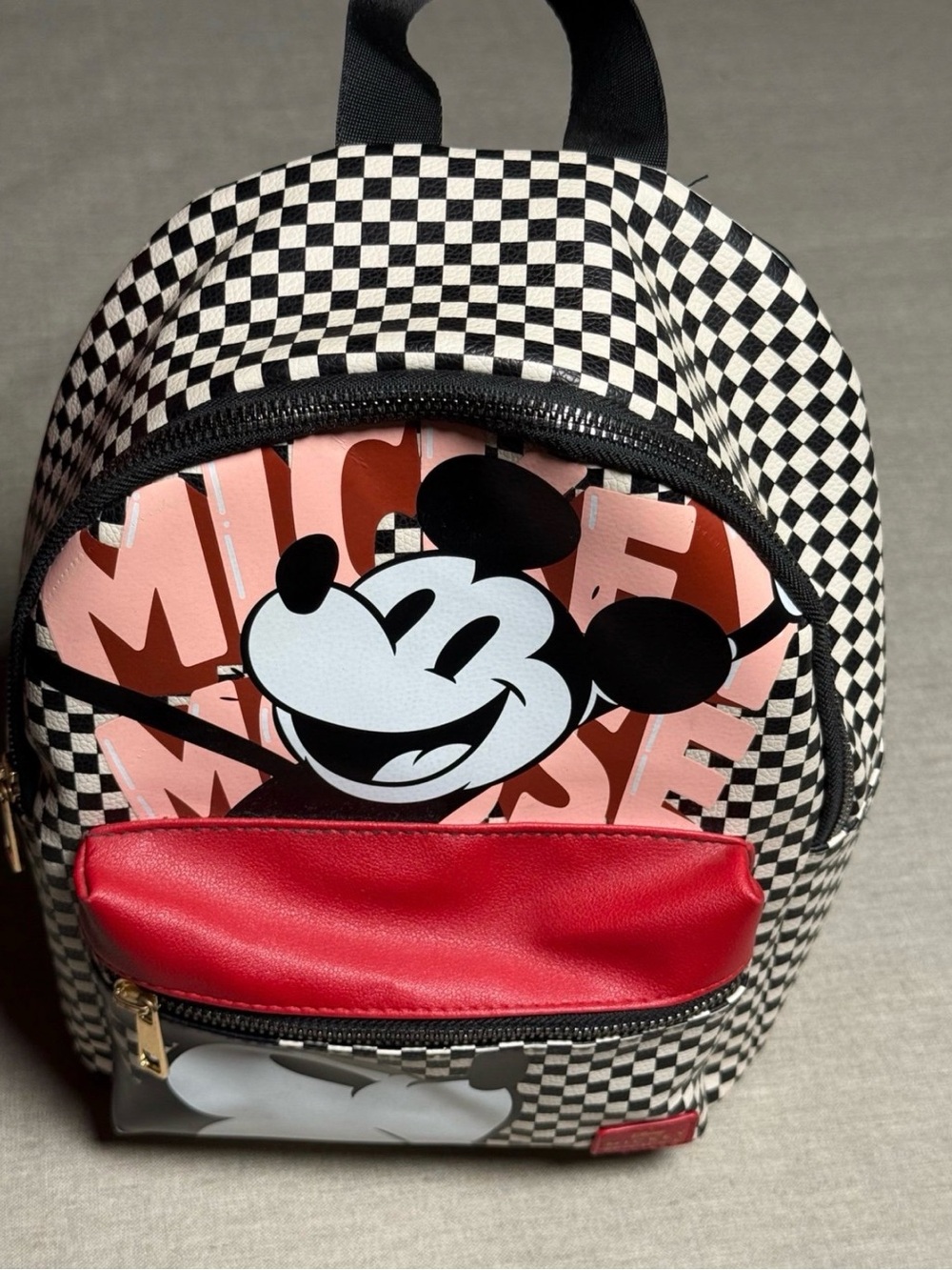 Checkered Mickey Mouse Mini Backpack - Black/White with Red Pocket